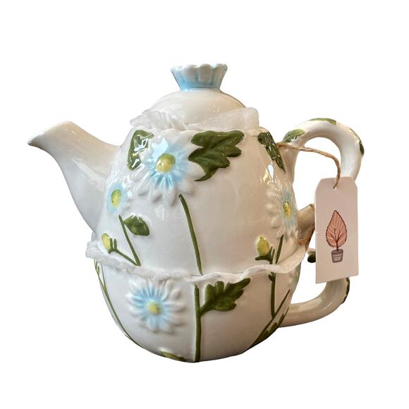 Connections 3 pc Hand Painted Spring Floral Ceramic Tea Pot & Cup For One NEW - Picture 2 of 12